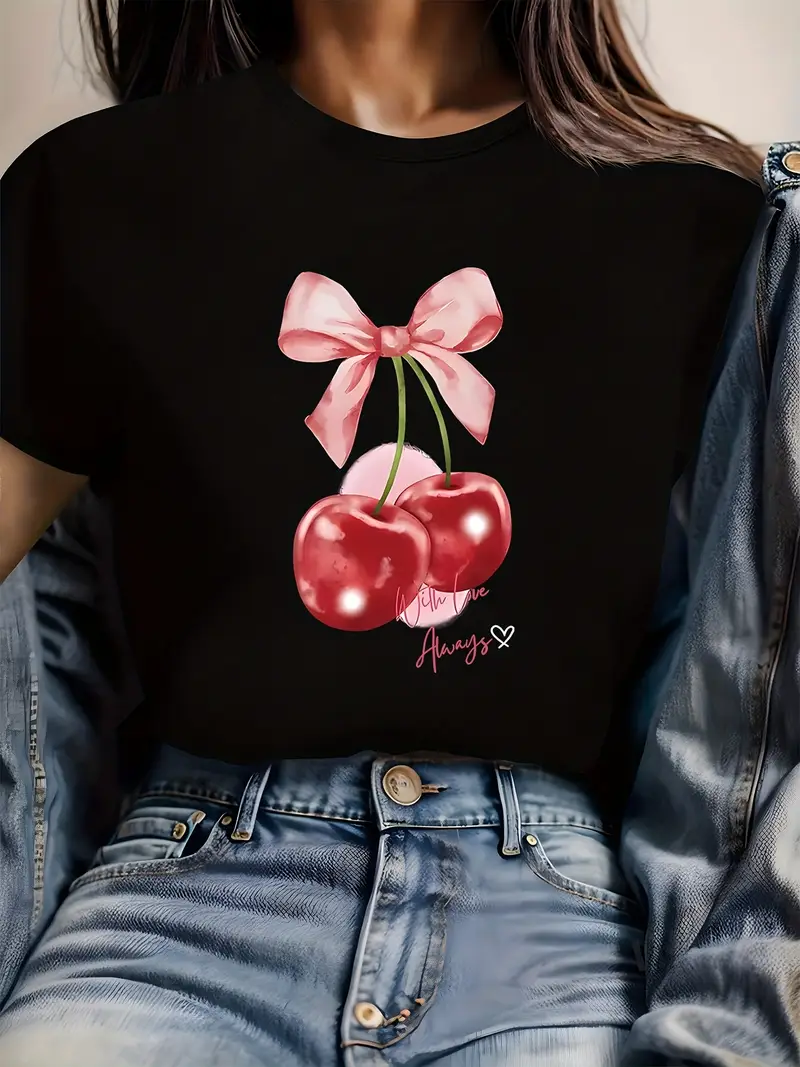 Tricouri imprimeu Dama - Tricou dama Cherry With Love Always, din bumbac 100%, decolteu la baza gatului, cusaturi laterale