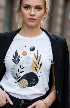 Tricouri imprimeu Dama - Tricou Abstract Things, Classic fit din bumbac 100%, Decolteu la baza gatului cu rib subtire, Cusaturi laterale, Alb