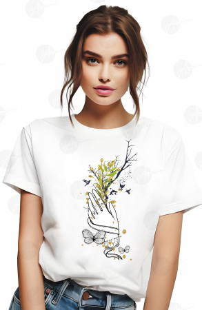 Flori - Tricou dama, natura, Flori, Fluturi, Alb