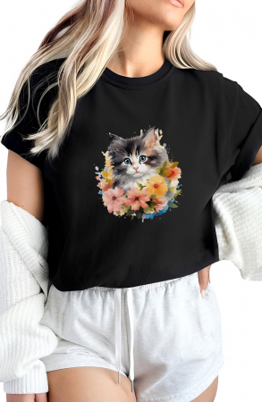 Tricouri imprimeu Dama - Tricou dama, Pisica, Surprised, Negru