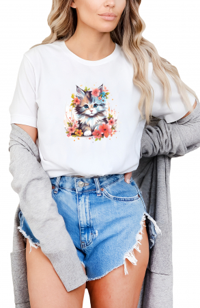 Tricouri imprimeu Dama - Tricou dama, Pisica, Shy, Alb