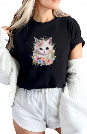 Tricouri imprimeu Dama - Tricou dama, Pisica, Happy, Negru