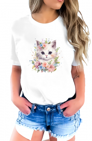 Tricouri imprimeu Dama - Tricou dama, Pisica, Happy, Alb