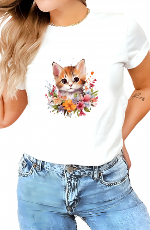 Tricouri imprimeu Dama - Tricou dama, Pisica, Gentle, Alb