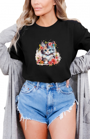 Tricouri imprimeu Dama - Tricou dama, Pisica, Shy, Negru