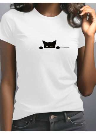 Pisici - Tricou dama Pisic dragut negru, la moda si versatil, usor si confortabil, pentru iubitoarele de pisici