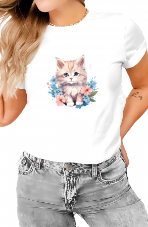 Tricouri imprimeu Dama - Tricou dama, Pisica, Cute, Alb