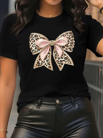 Tricouri imprimeu Dama - Tricou dama Pink Leopard Bow, funda cu detalii roz, stil fashion modern
