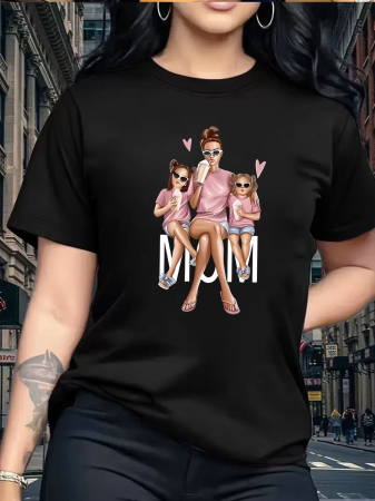 Tricouri imprimeu Dama - Tricou dama Mama si fetele ei, Mom Love, lejer, confortabil, usor cambrat