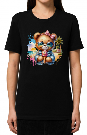 Tricouri imprimeu Dama - Tricou dama, Ursulet Cool, Summer, Ice Cream, Negru