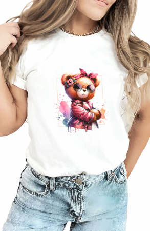 Tricouri imprimeu Dama - Tricou dama, ursulet, Girl Bear Flower, Alb