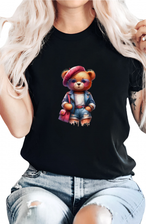 Tricouri imprimeu Dama - Tricou dama, ursulet, Girl Bear Purse, Negru