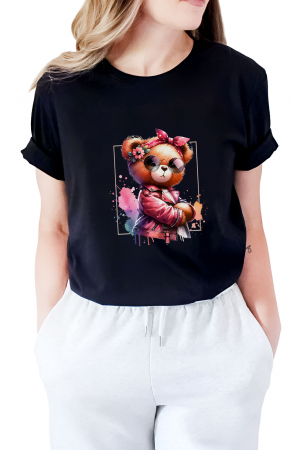 Tricouri imprimeu Dama - Tricou dama, ursulet, Girl Bear Flower, Negru