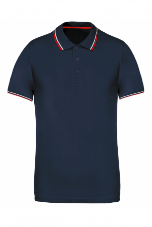 Tricou POLO Barbati - Tricou polo pentru barbati cu maneci scurte, dungi contrastante, 220gr. Navy / Rosu / Alb