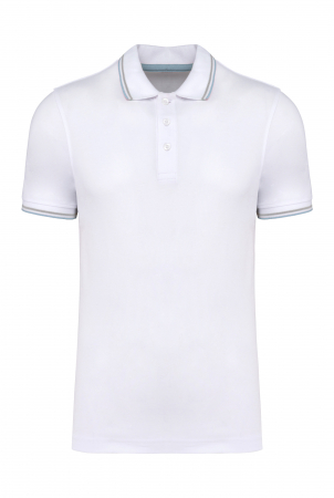 Tricou POLO Barbati - Tricou polo pentru barbati cu maneci scurte, dungi contrastante, 220gr. Alb / Albastru / Gri