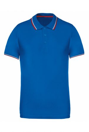 Tricou POLO Barbati - Tricou polo pentru barbati cu maneci scurte, dungi contrastante, 220gr. Albastru Royal / Rosu / Alb