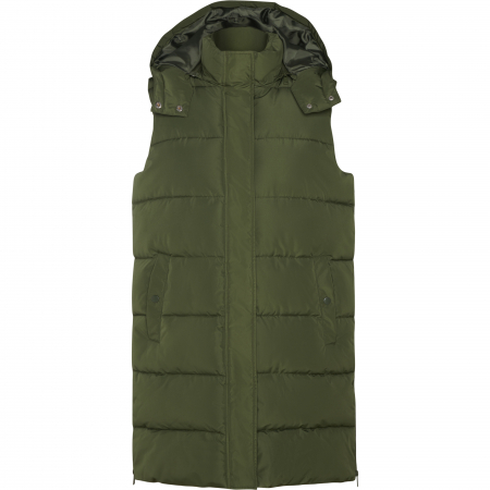 Veste / Geci Dama - Vesta impermeabila, calduroasa, captusita, guler inalt, buzunare laterale, gluga cu capse detasabila, deschideri laterale cu fermoare, Verde Militar
