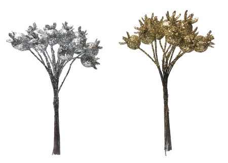 Fructe si Bobite de Ilex Decorative - Macese Decorative cu Glitter - Set 12buc