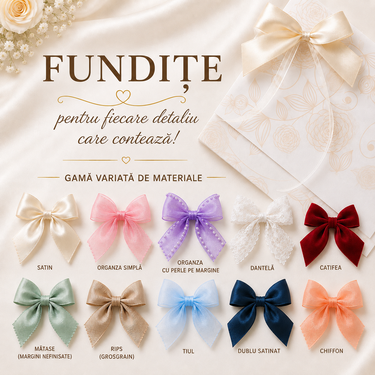 Fundițe decorative din satin, organza, dantelă și catifea – ambalaj premium, detaliul care transformă orice produs