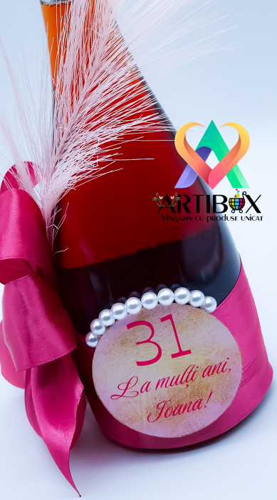 Sticla ornata cu panglica satin, pene, perle si mesaj personalizat [3]