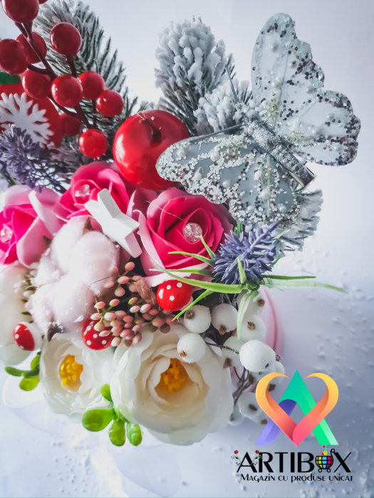 Aranjament tematica de sarbatoare in cutie cu fundita - Rosa [4]