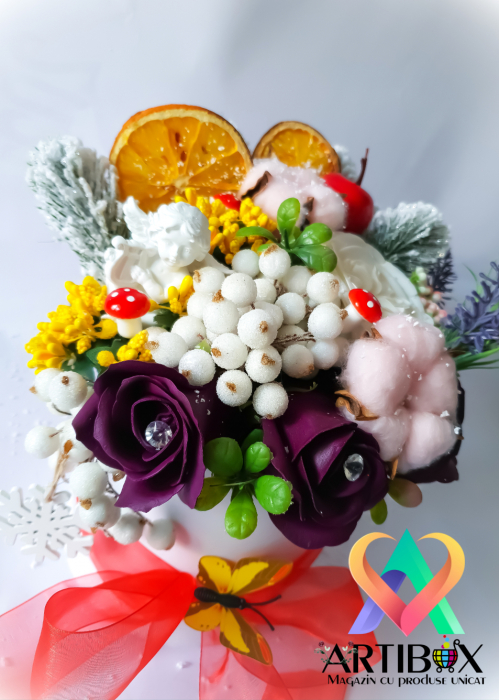 Aranjament tematica de sarbatoare in cutie cu fundita - White [3]