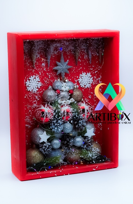 Caseta decoratiuni de Craciun, Cutie din lemn natur, capac culisant plexiglas, Rama decorativa 3D [2]