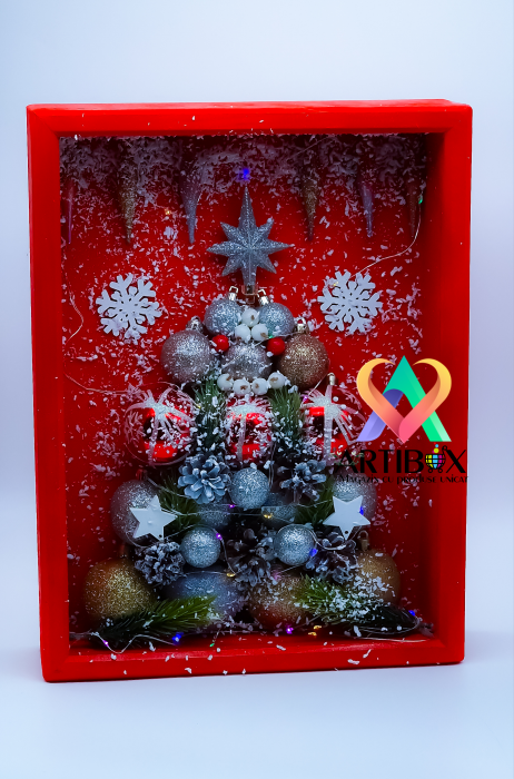 Caseta decoratiuni de Craciun, Cutie din lemn natur, capac culisant plexiglas, Rama decorativa 3D [3]