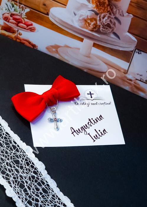 Cruciulita cu fundita - marturie cu stras colorat pentru botez - Rubin [2]