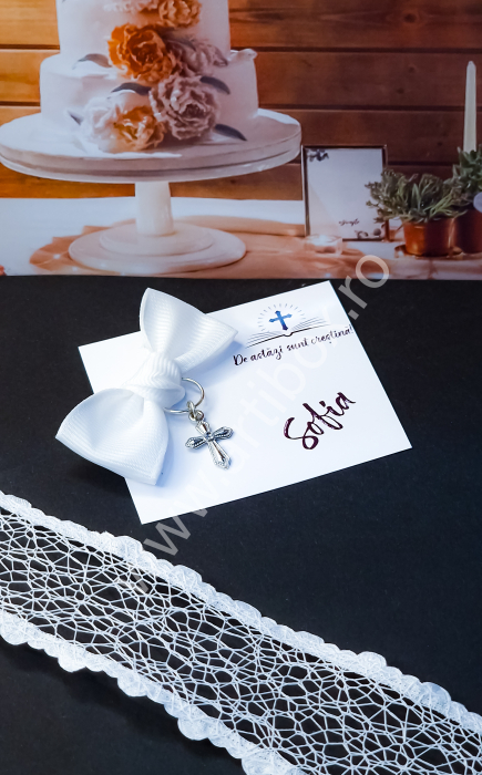Cruciulita cu fundita - marturie cu stras colorat pentru botez - White [2]
