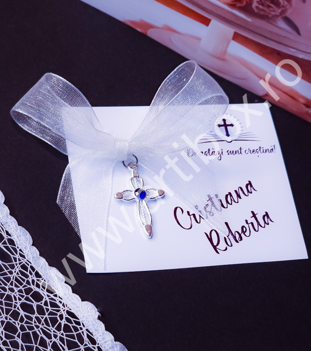 Cruciulita metalica cu stras albastru si panglica organza [3]