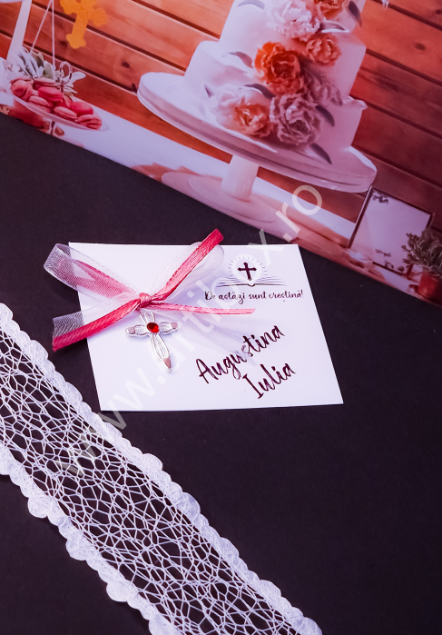 Cruciulita metalica cu stras rosu si panglica organza si satin [2]