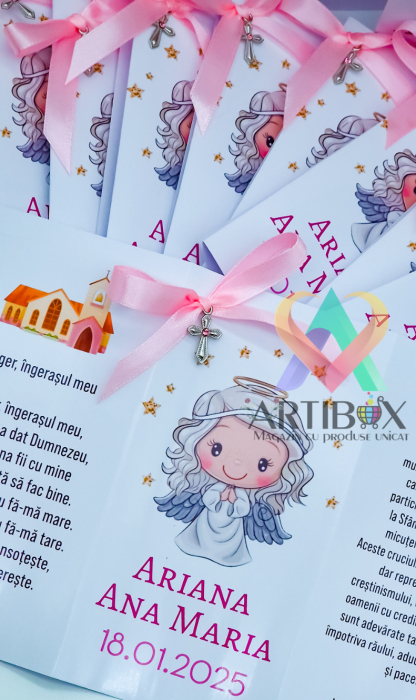 Cruciulite roz pentru botez cu felicitare si ciocolata [4]