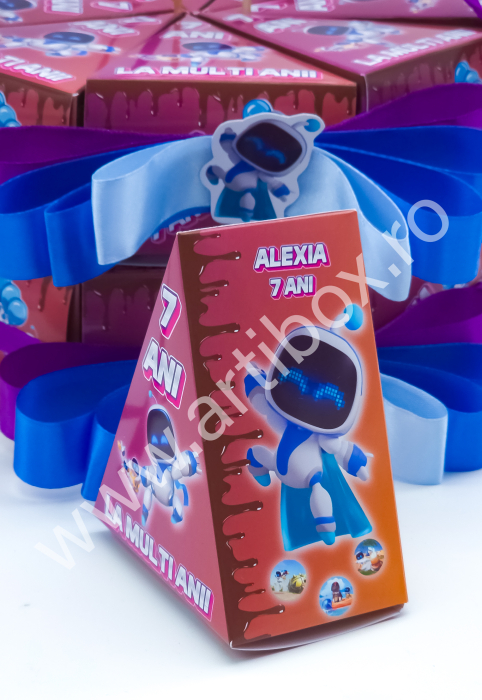 Cutii personalizate in forma de felie de tort pentru aniversari, cu toppere si fundite incluse - Model Astrobot 2 [3]