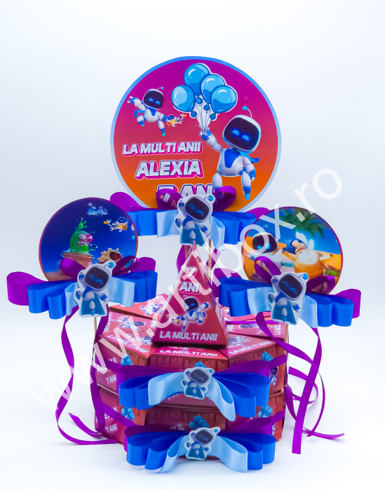 Cutii personalizate in forma de felie de tort pentru aniversari, cu toppere si fundite incluse - Model Astrobot 2 [2]