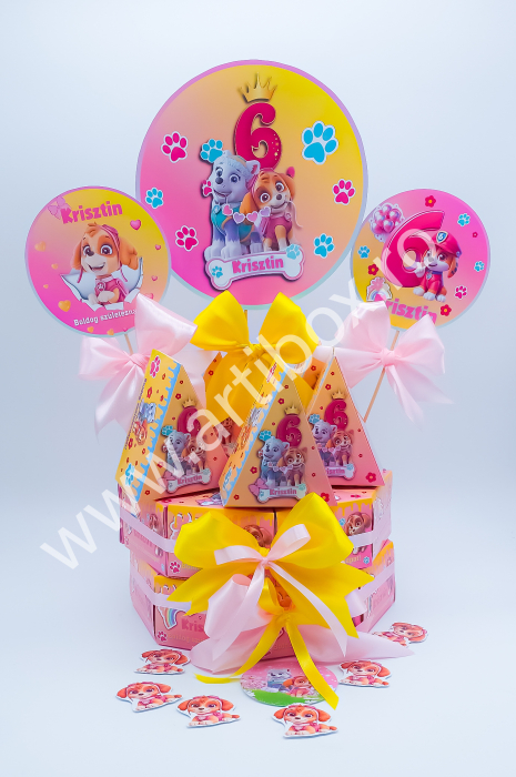 Cutii personalizate in forma de felie de tort pentru aniversari, cu toppere si fundite incluse - Model Paw Patrol [5]