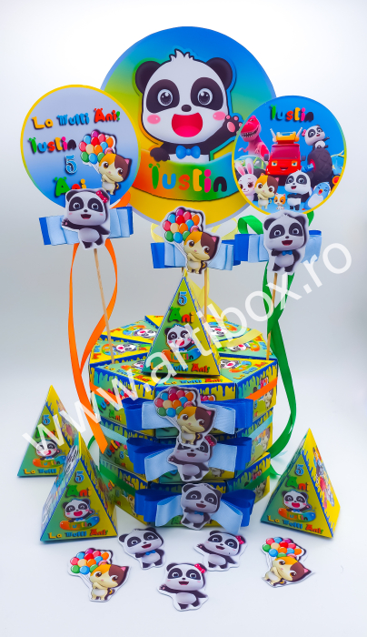 Cutii personalizate pentru dulciuri | Forma felie de tort, cu toppere si fundite incluse | Pentru aniversari - Model BabyBus [2]