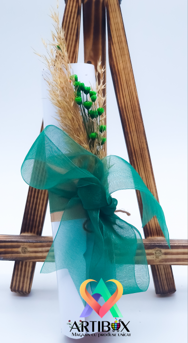 Felicitare Handmade Papirus cu flori stabilizate, panglica duo si foita aurie [2]