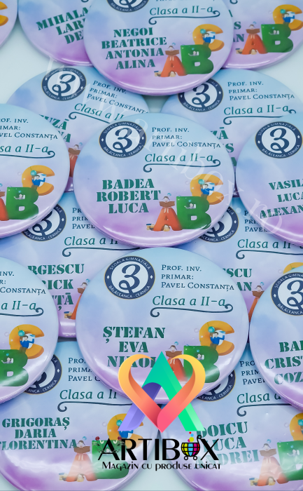 Insigne personalizate cu text pentru școala / gradinita - Model ABC - 75mm [3]