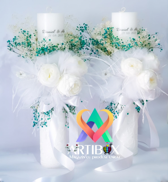 Lumanari pentru nunta cu bujori si flori criogenate, dantela, broderie, pene [3]