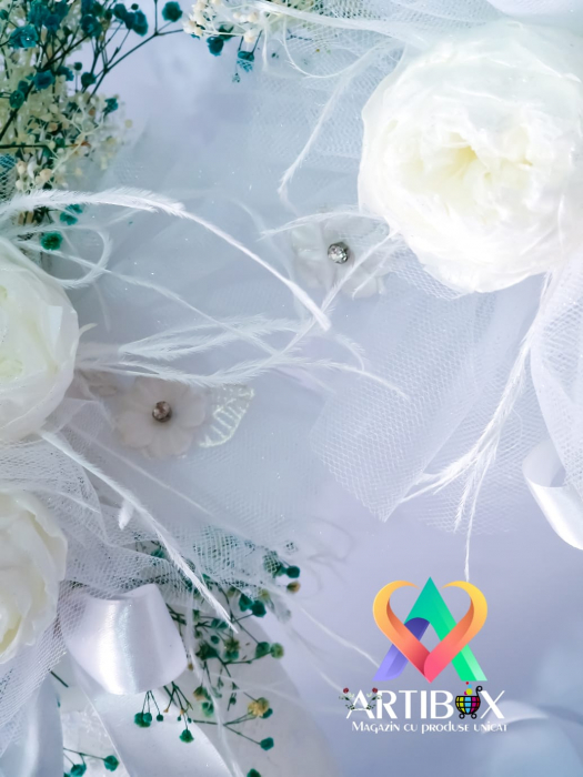 Lumanari pentru nunta cu bujori si flori criogenate, dantela, broderie, pene [6]