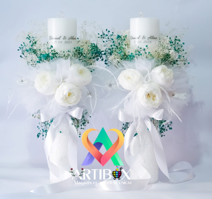 Lumanari pentru nunta cu bujori si flori criogenate, dantela, broderie, pene [2]