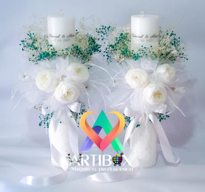 Lumanari pentru nunta cu bujori si flori criogenate, dantela, broderie, pene [4]