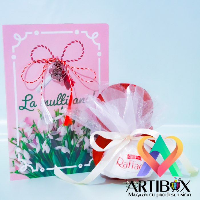 Martisor cifra 8 din ipsos glazurat, pralina Raffaello, felicitare si charm argintiu [2]
