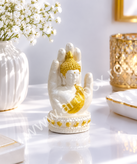 Set 2 Figurine Feng Shui - Buddha in Mana si Elefant Regal Alb | Din Ceramica - Pictate manual, Platinum White - Rich Gold | Decor Zen [3]