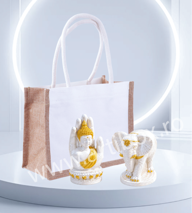 Set 2 Figurine Feng Shui - Buddha in Mana si Elefant Regal Alb | Din Ceramica - Pictate manual, Platinum White - Rich Gold | Decor Zen [4]