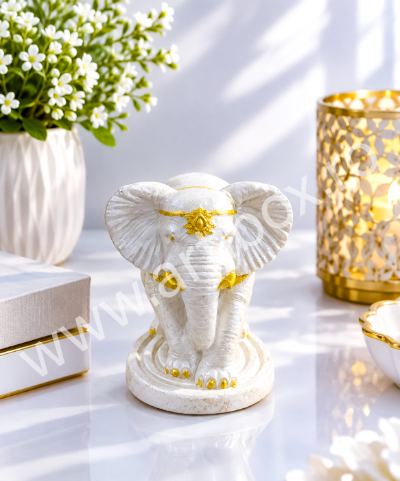 Set 2 Figurine Feng Shui - Buddha in Mana si Elefant Regal Alb | Din Ceramica - Pictate manual, Platinum White - Rich Gold | Decor Zen [2]