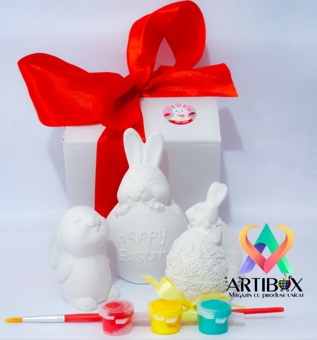 Set 3 Figurine 3D Iepurasi Paste din ipsos pentru pictura - acuarele, pensula incluse [4]