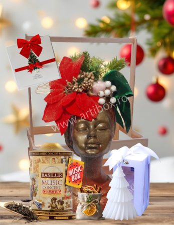 Craciun 2025 - Cadou Sarbatori - Aranjament vaza cu flori nemuritoare, Ceai in cutie muzicala si lumanare parfumata