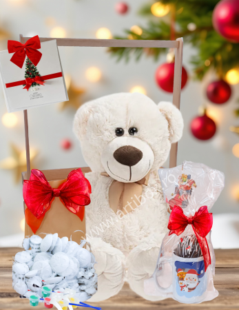 Craciun 2025 - Cadou Mos Craciun - Set pictura globuri, Ursulet de plus si cana cu dulciuri artizanale